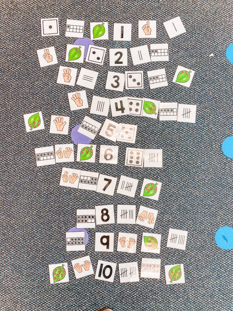 Here is our number recognition game once we have completed it. Students have counted the cards in French, then sorted them by the number