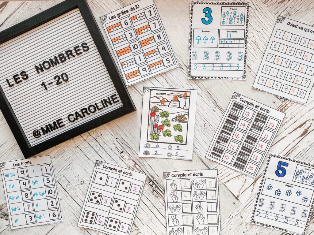 Various French counting activities - counting with 10-frames, number activity sheets (find the number, draw it, tally marks, 10-frames, trace the number, write the number), write the missing number, find and colour, count and write, tally, dice, finger counting