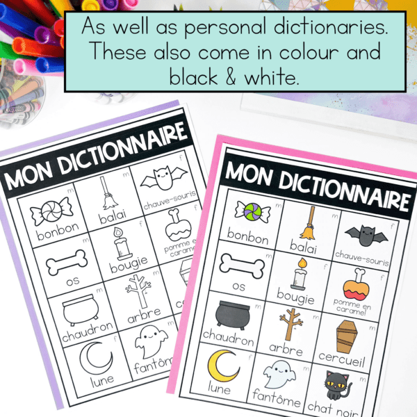 The French halloween word wall cards also come with visual dictionaries
