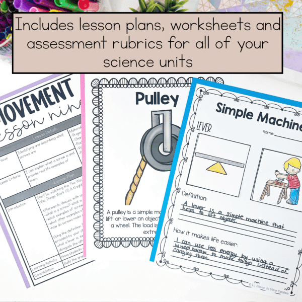 This grade 2 science unit on movement and simple machines is perfect for anyone who teaches in Ontario. It includes lesson plans, assessments, worksheets, science centres and more.