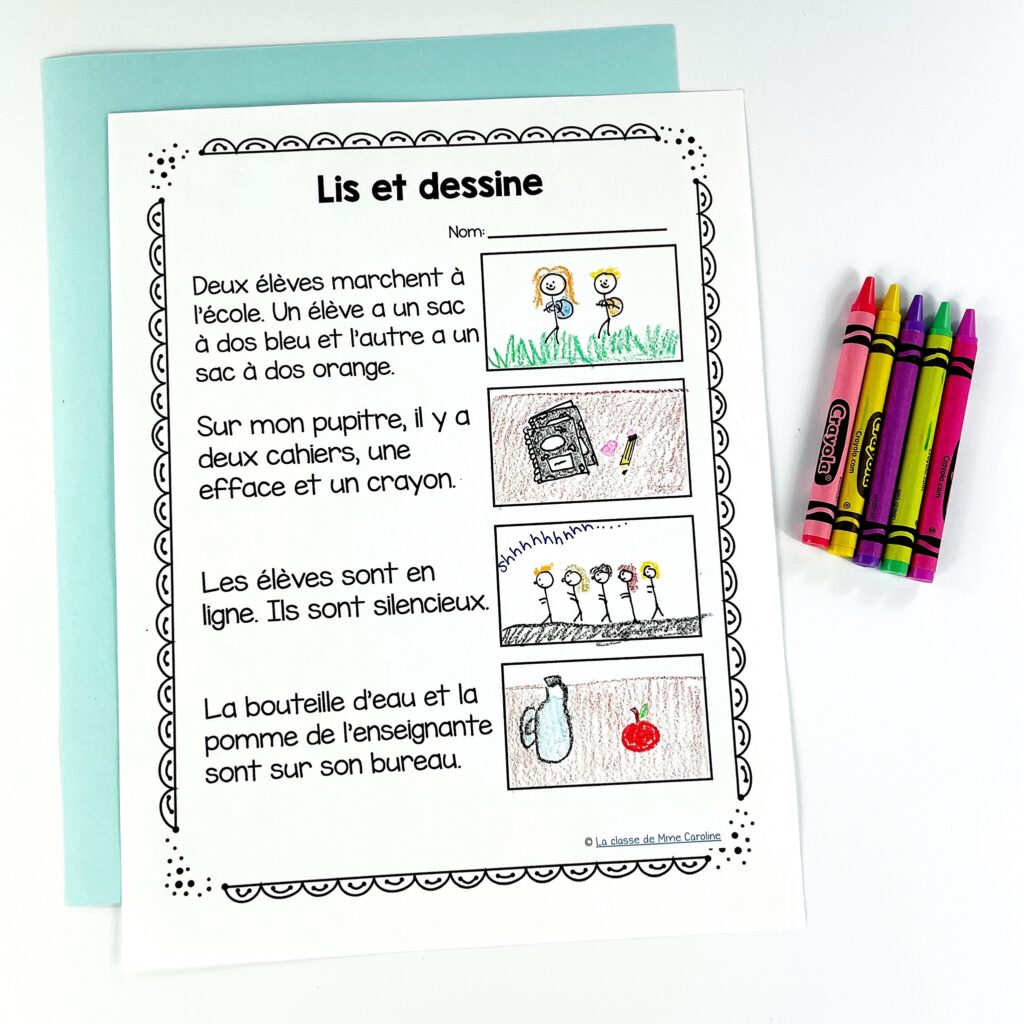 Here is an activity from my French back to school literacy centres. Students must read the sentencfes and draw a photo
