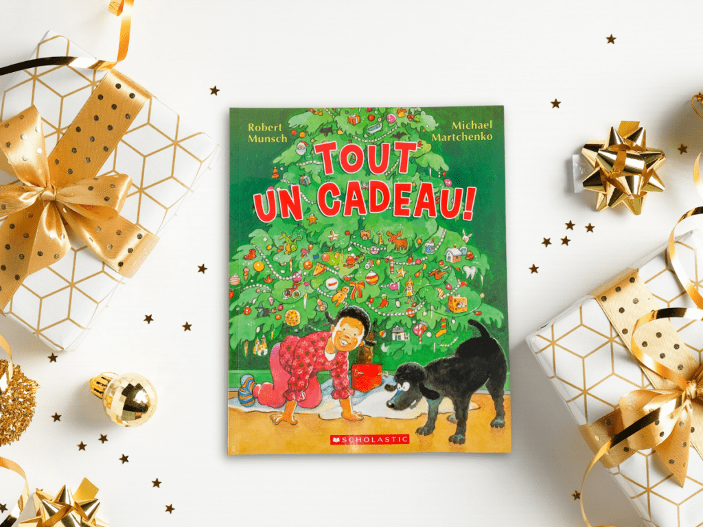 This book is called Tout un cadeau. It is a French Christmas book for kids written by Robert Munsch.