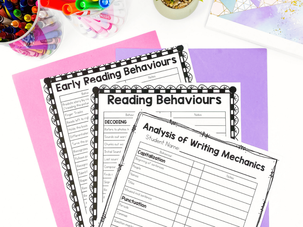 Reading behaviour tracking pages. I use these pages as a diagnostic assessment of what students are doing when they are reading in French. These are great to give feedback to parents on skills such as, decoding, finger tracking and more. There is also an analysis of writing mechanics page for you to assess how well the student is writing in French.