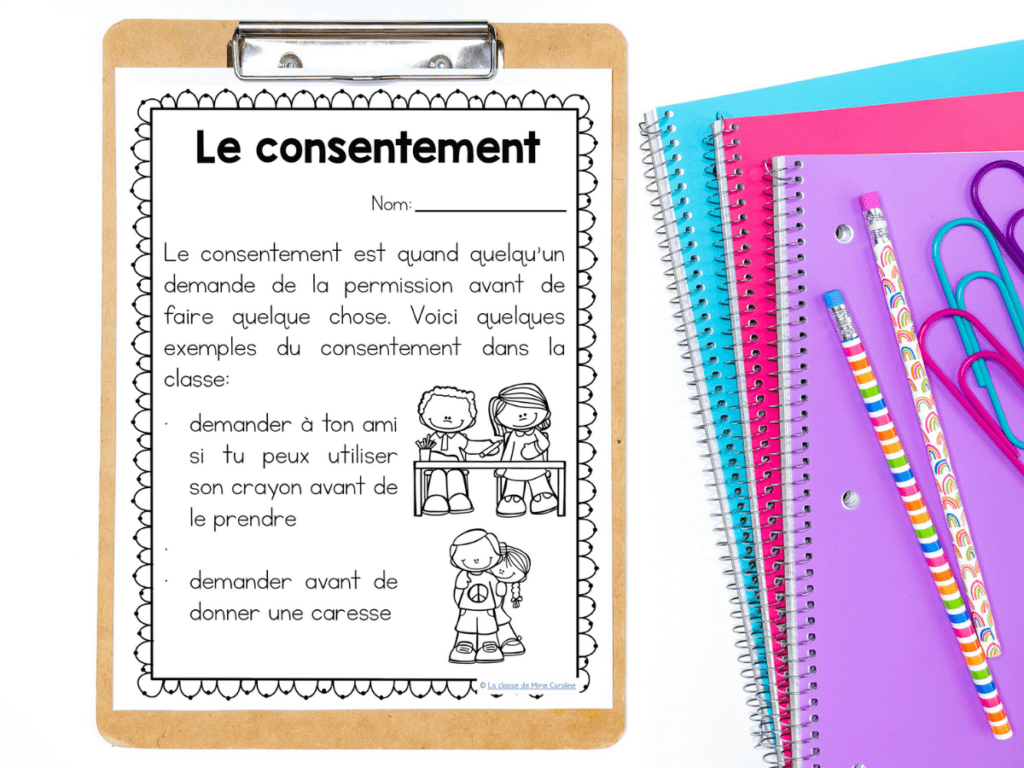 Here is an activity to help you teach consent in French. This poster is great for primary students to learn about le consentement and why it's important. The best part? This is a free consent poster in French!