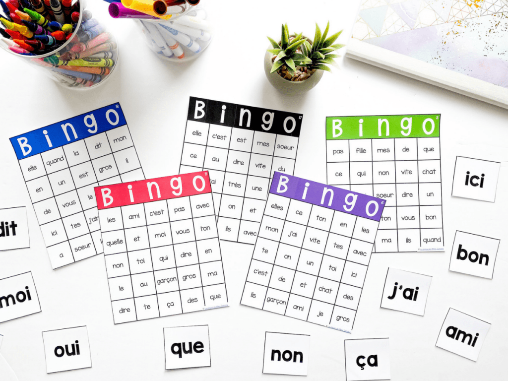 Bingo is also a fun way to practice French sight words. You will read the french high frequency word aloud and students have to read the words on their card to see if they have it. First one to get a line wins!