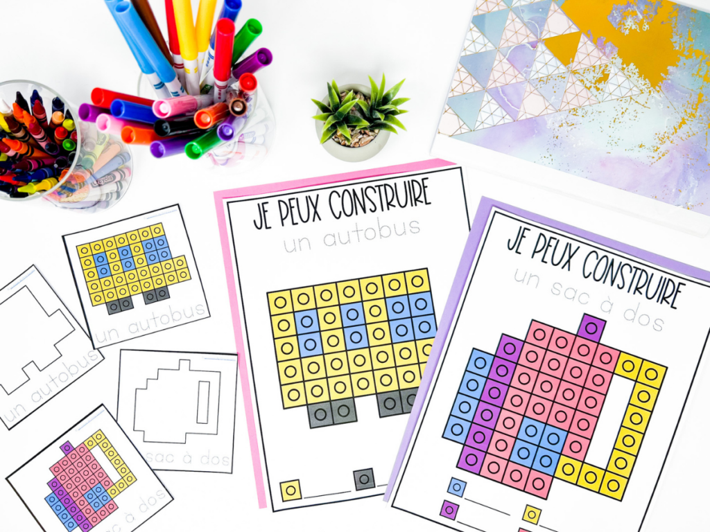 These school snap cube task cards are one of my favourite free French back to school activities. Students love creating the shapes using snap cubes. 