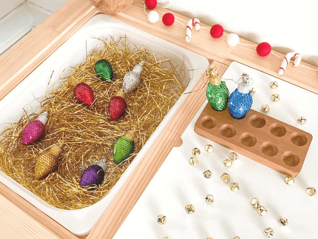 This Christmas sensory bin idea is perfect for counting using 10-frames