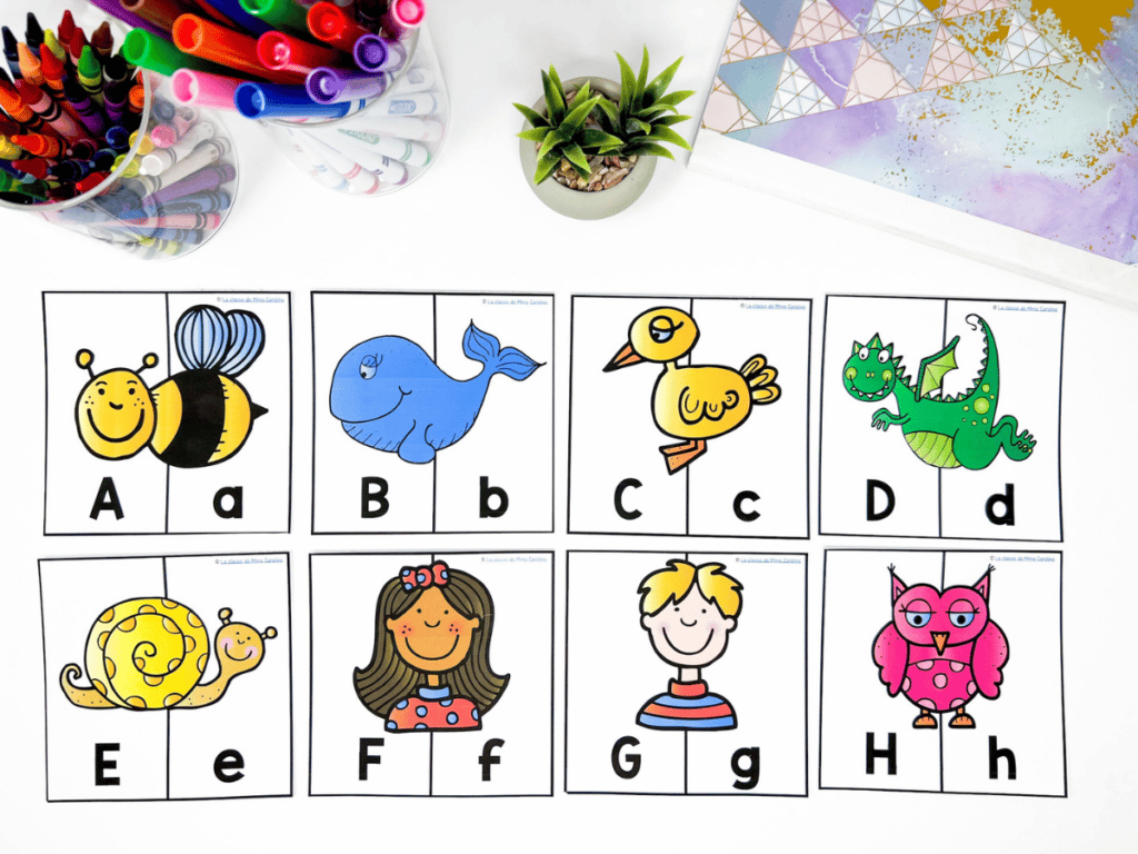French alphabet puzzles are a great way to work on alphabet recognition. These puzzles are self-correcting and students can practice matching upper-case and lower-case letters.
