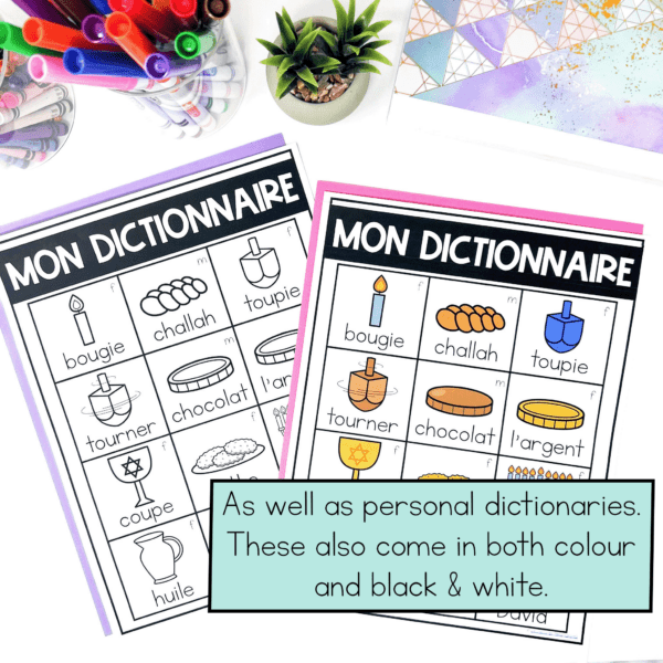 French personal dictionaries are a great way to teach themed french vocabulary to your primary immersion students