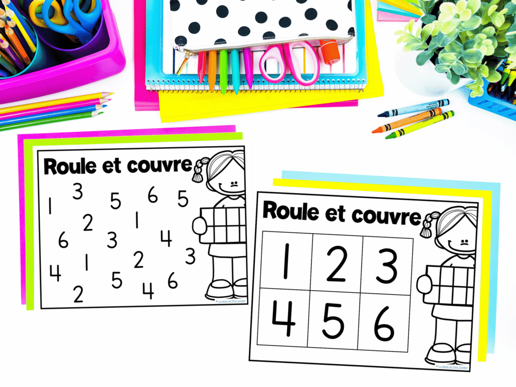 Here is a free French math centre for kindergarten. This roll and cover activity is perfect for working on number recognition in French.