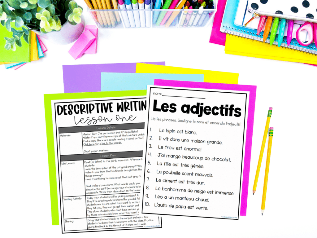 Use this full French descriptive writing unit with your primary students to help them learn how to write with lots of descriptive words. This unit includes lesson plans, worksheets, a craftivity and a rubric.