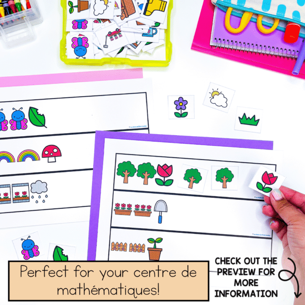Help your students learn patterning in kindergarten with this set of spring patterning mats for French immersion students.