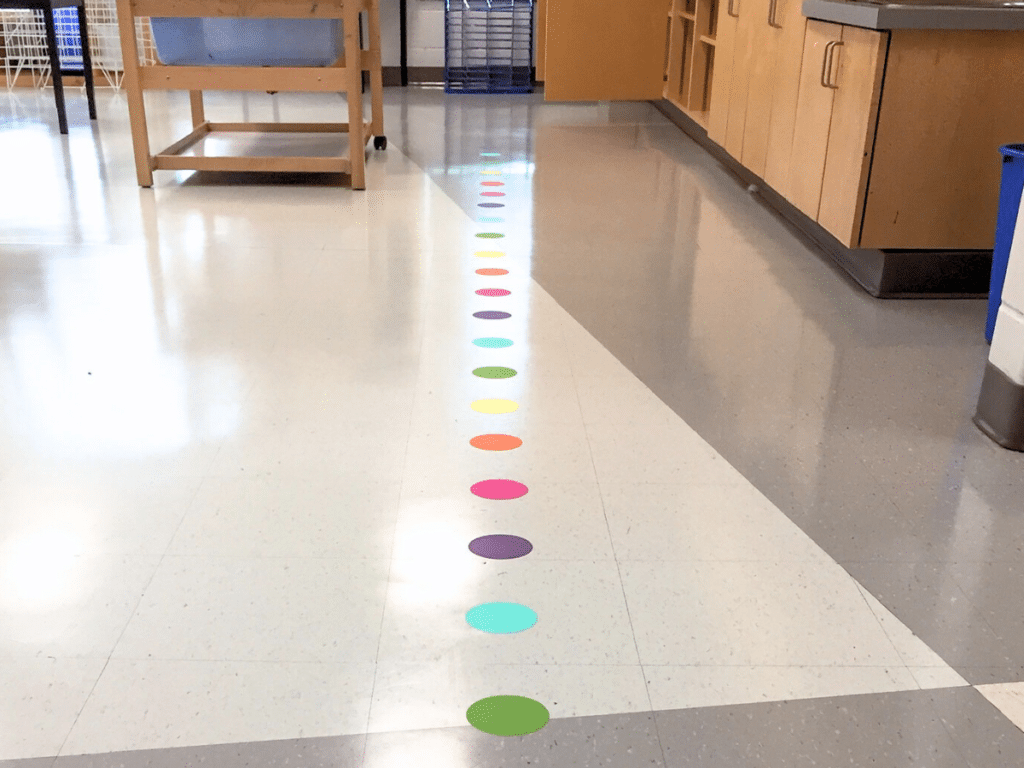 Line up spots is one of the first cricut projects for the classroom I ever did. All you need to do is cut vinyl in circles and instal it on the floor.