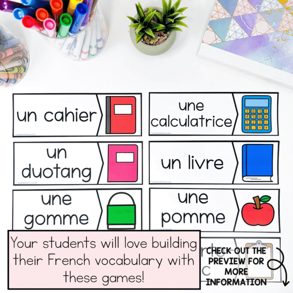 French vocabulary games for back to school in french immersion and core french