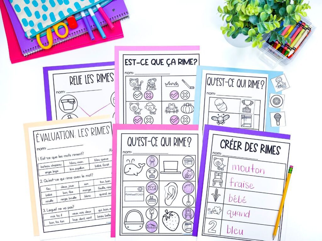 French rhyming worksheets to work on phonological awareness skills.