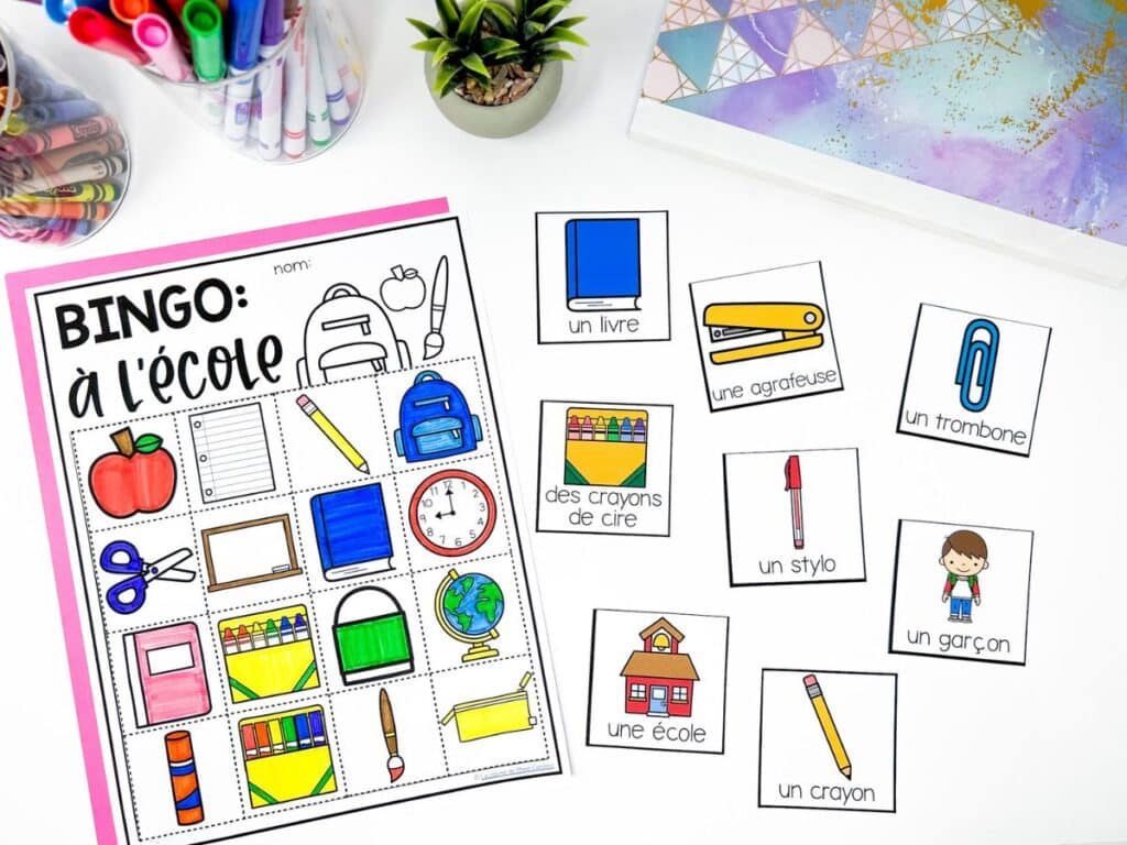 Bingo game using French back to school vocabulary