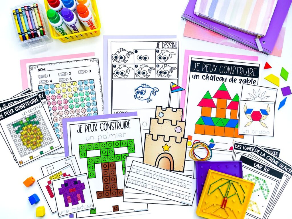 A bundle of French summer activities. These task cards include craftivities, colour by code, lego, pattern blocks, geoboards, directed drawings, and snap cubes.