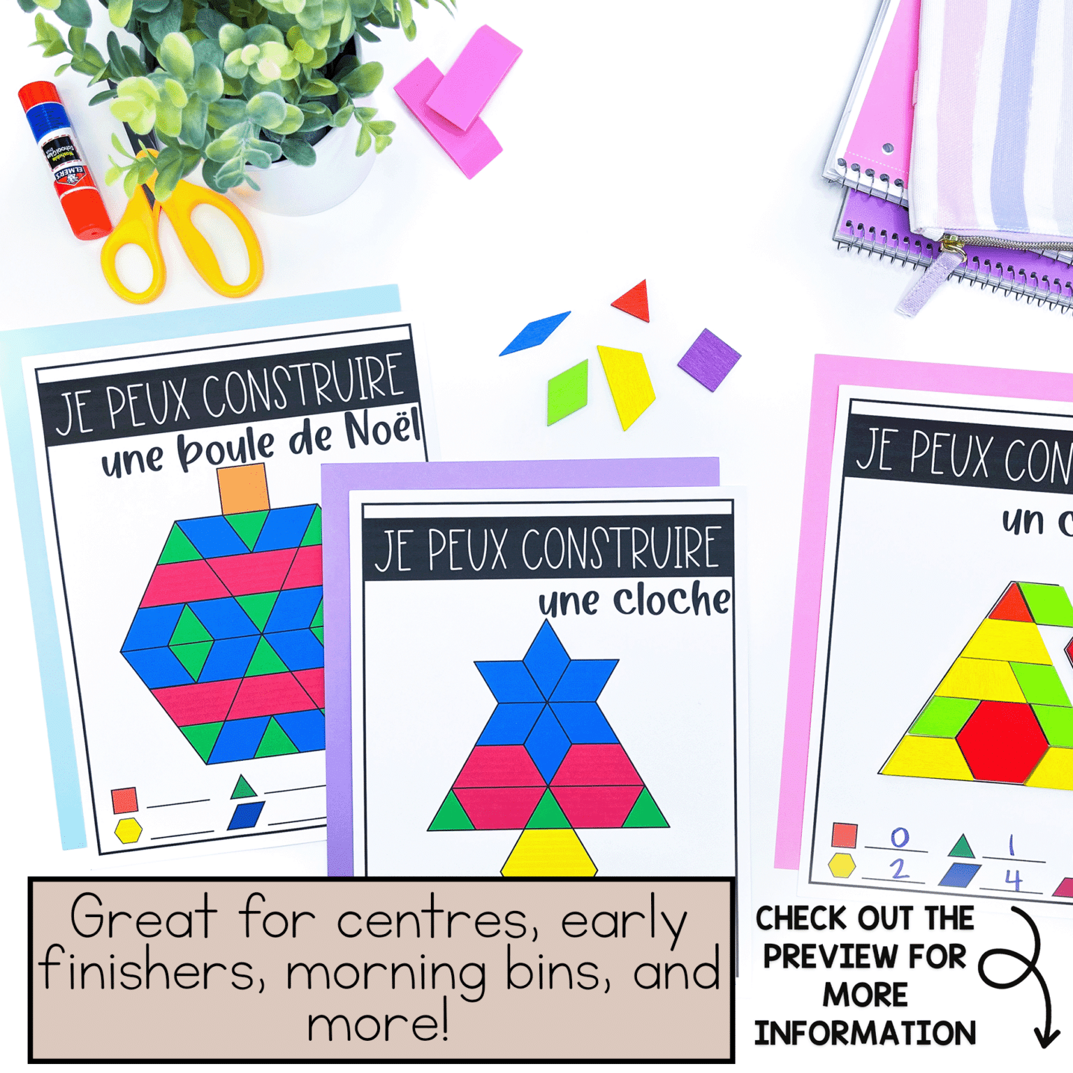 French Christmas Pattern Block Task Cards | French Math Centres for ...