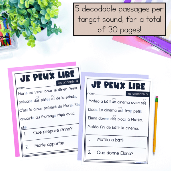 French decodable reading passages for accents with comprehension questions