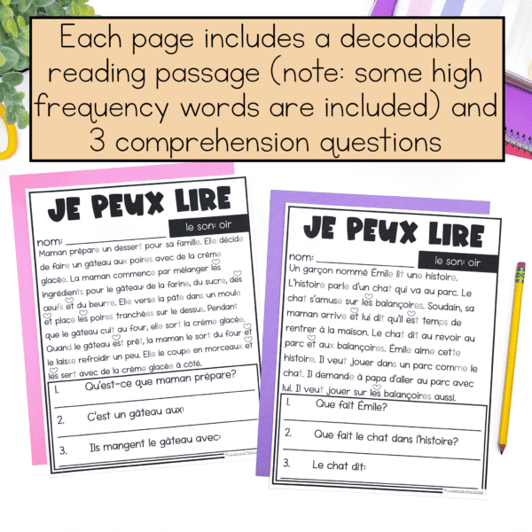 French decodable reading passages for compound sounds with comprehension questions