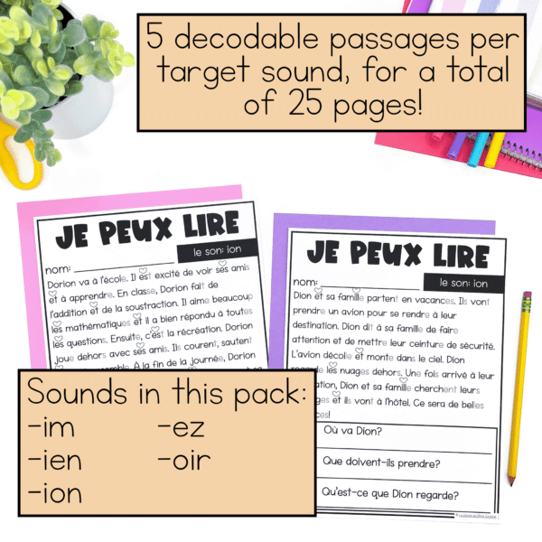 French decodable reading passages for compound sounds with comprehension questions