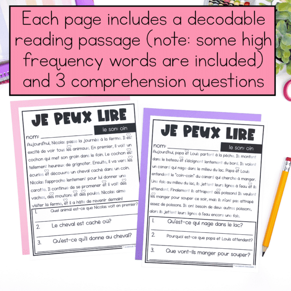 French decodable reading passages with comprehension questions for primary