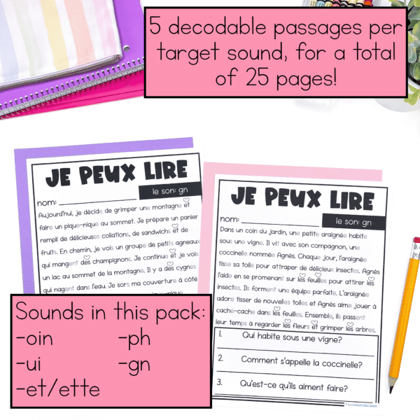 French decodable reading passages with comprehension questions for primary