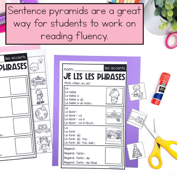 French sentence pyramids for building reading fluency. Decodable sentences with comprehension activities