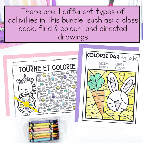 French Immersion early finishers activities: Easter colour by syllable, spin and colour