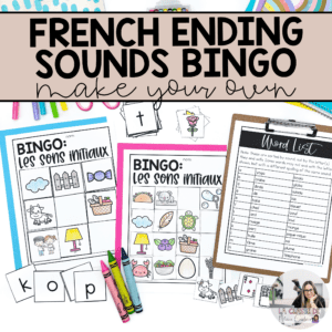 French ending sounds bingo cards in two sizes with word list sorted by sound for phonological awareness