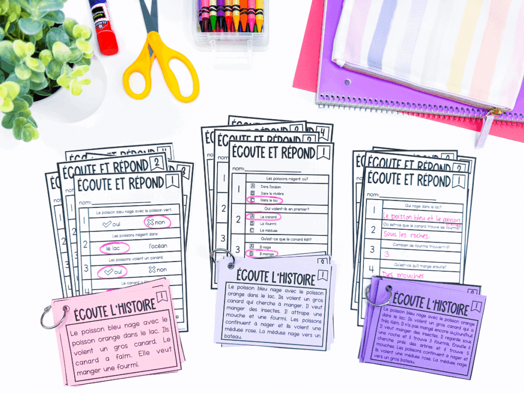 Listen and answer worksheets for French listening comprehension.