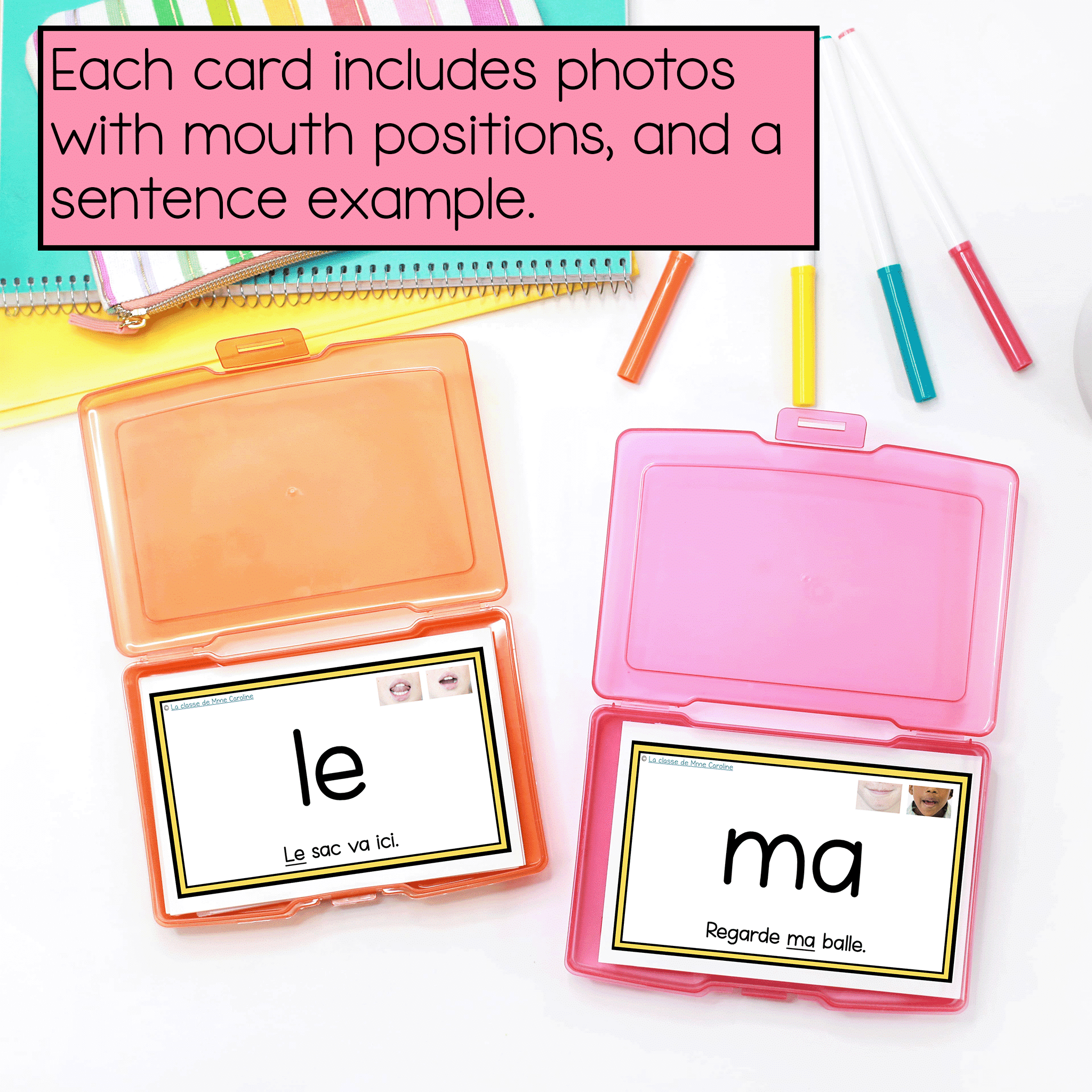 each card has mouth articulations for all sounds in the word