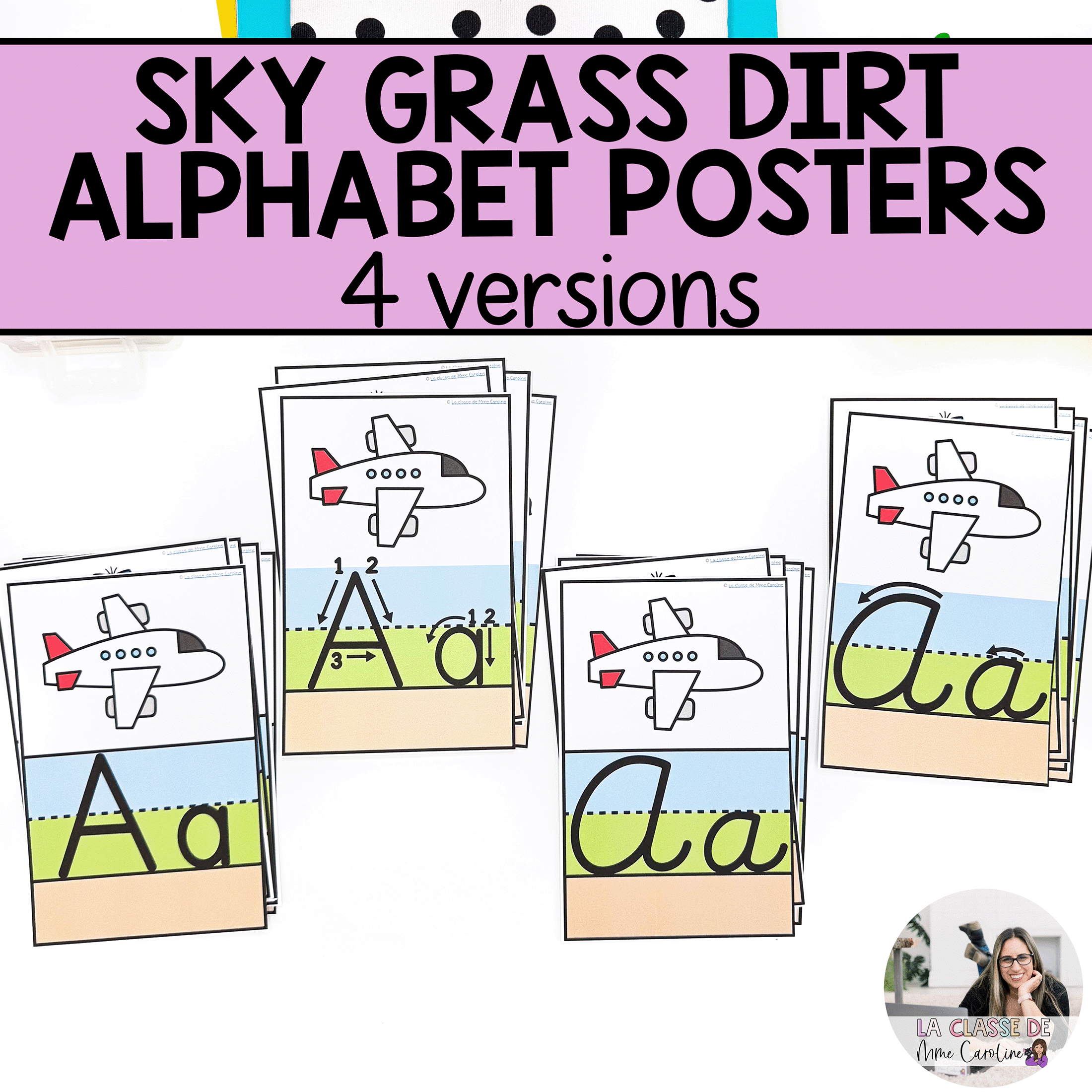 Alphabet posters with sky grass dirt placement